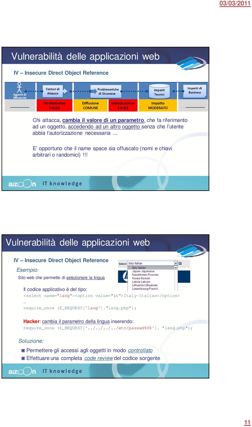 !! IV Insecure Direct Object Reference Esempio: Sito web che permette di selezionare la lingua Il codice applicativo è del tipo: <select name="lang"><option value="it">italy-italian</option>