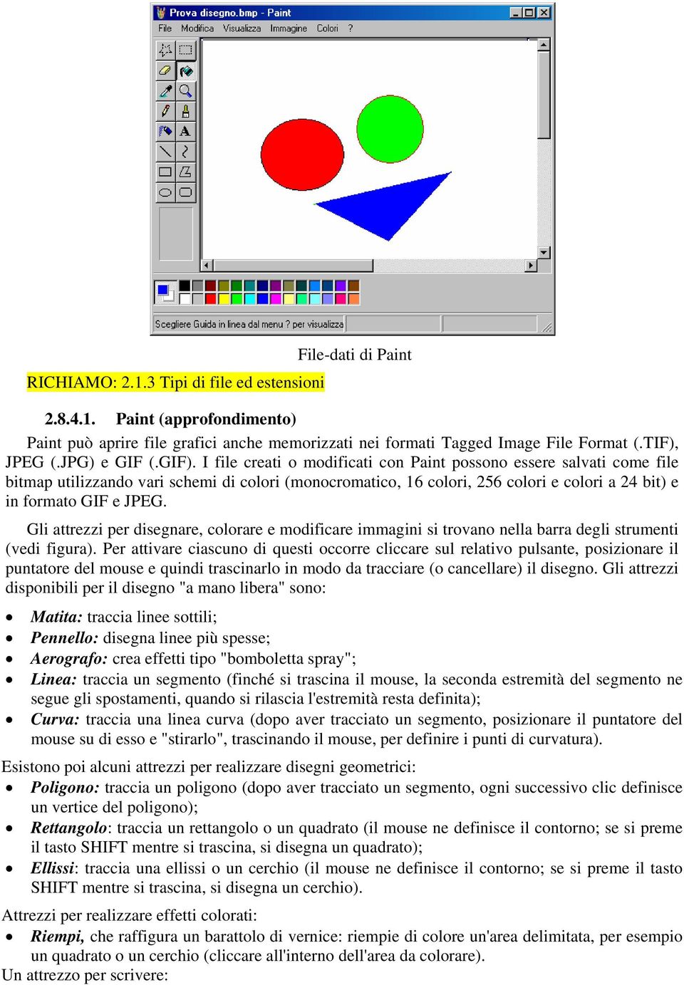 I file creati o modificati con Paint possono essere salvati come file bitmap utilizzando vari schemi di colori (monocromatico, 16 colori, 256 colori e colori a 24 bit) e in formato GIF e JPEG.