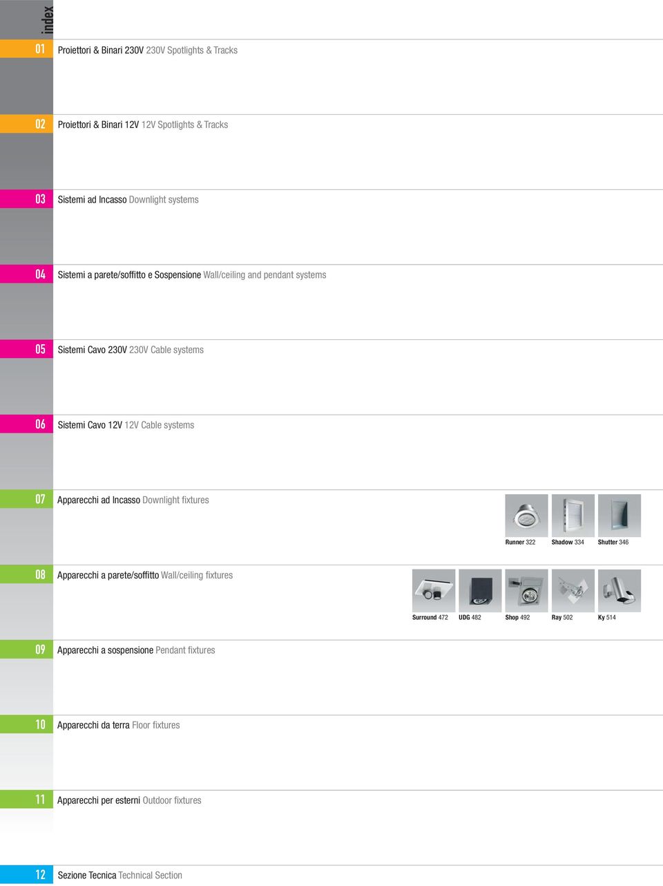 Incasso Downlight fi xtures Runner 322 Shadow 334 Shutter 346 08 Apparecchi a parete/soffi tto Wall/ceiling fi xtures Surround 472 UDG 482 Shop 492 Ray 502 Ky 514