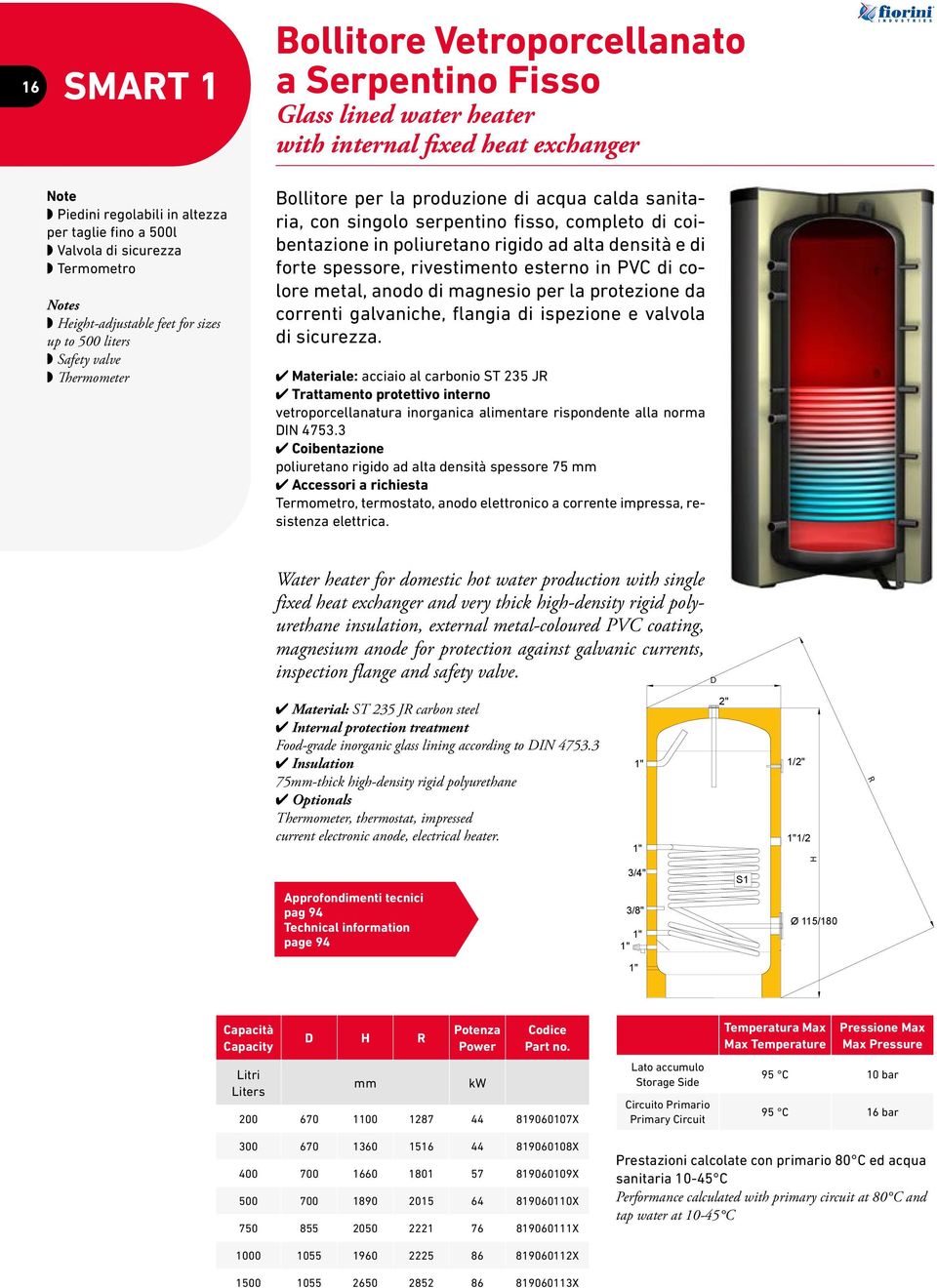 coibentazione in poliuretano rigido ad alta densità e di forte spessore, rivestimento esterno in PVC di colore metal, anodo di magnesio per la protezione da correnti galvaniche, flangia di ispezione