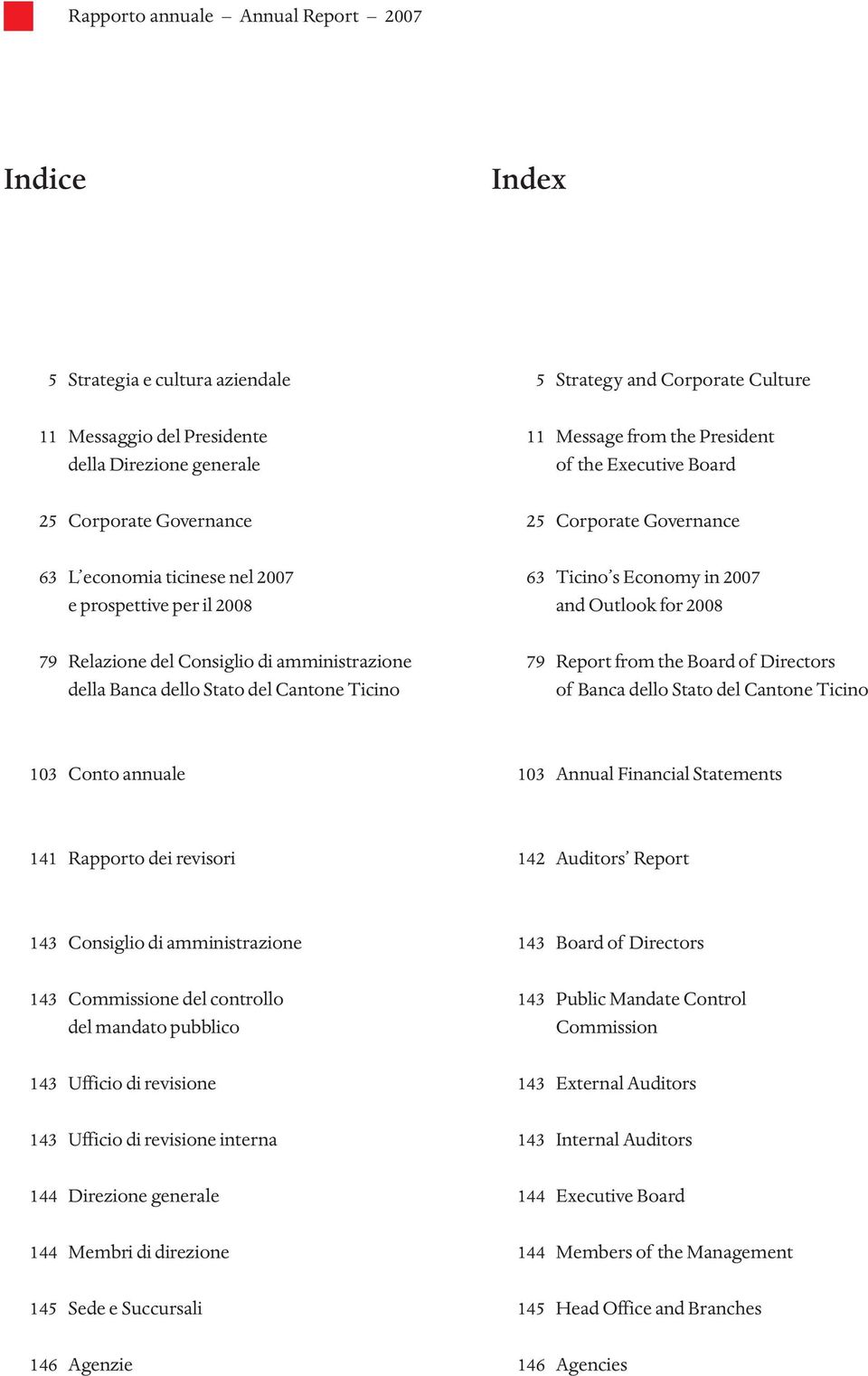 25 Corporate Governance 63 Ticino s Economy in 2007 and Outlook for 2008 79 Report from the Board of Directors of Banca dello Stato del Cantone Ticino 103 Conto annuale 103 Annual Financial