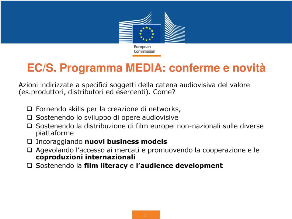 Fornendo skills per la creazione di networks, Sostenendo lo sviluppo di opere audiovisive Sostenendo la distribuzione di film