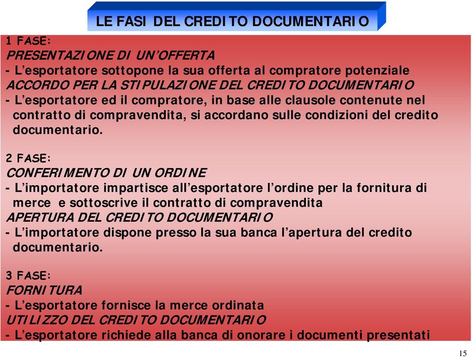 2 FASE: CONFERIMENTO DI UN ORDINE - L importatore impartisce all esportatore l ordine per la fornitura di merce e sottoscrive il contratto di compravendita APERTURA DEL CREDITO DOCUMENTARIO - L