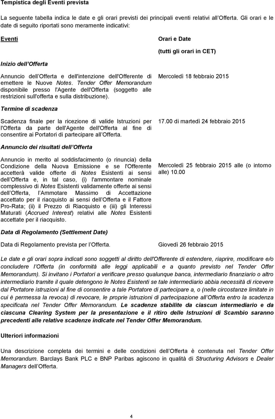 le Nuove Notes. Tender Offer Memorandum disponibile presso l'agente dell'offerta (soggetto alle restrizioni sull'offerta e sulla distribuzione).