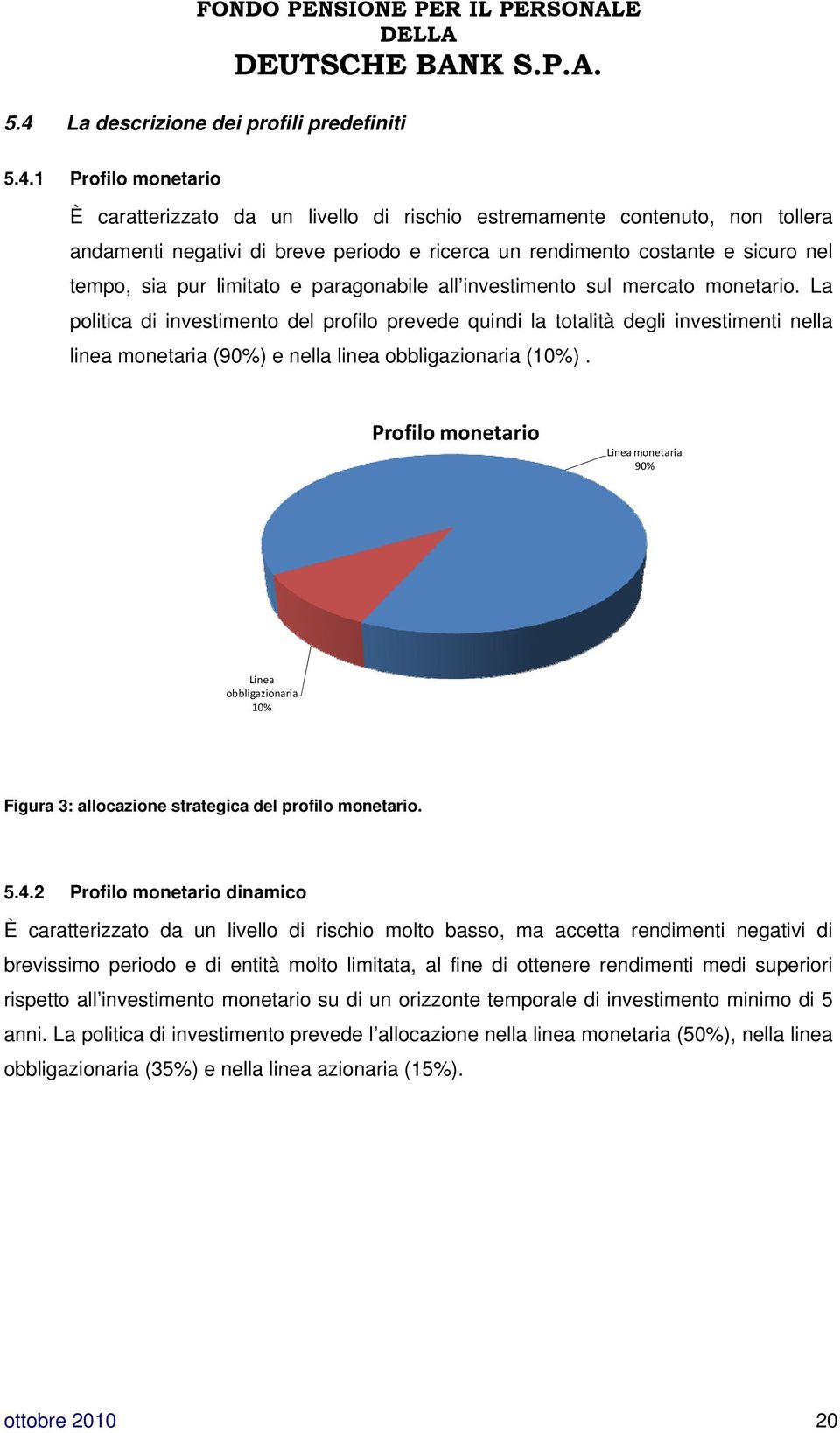 La politica di investimento del profilo prevede quindi la totalità degli investimenti nella linea monetaria (90%) e nella linea obbligazionaria (10%).