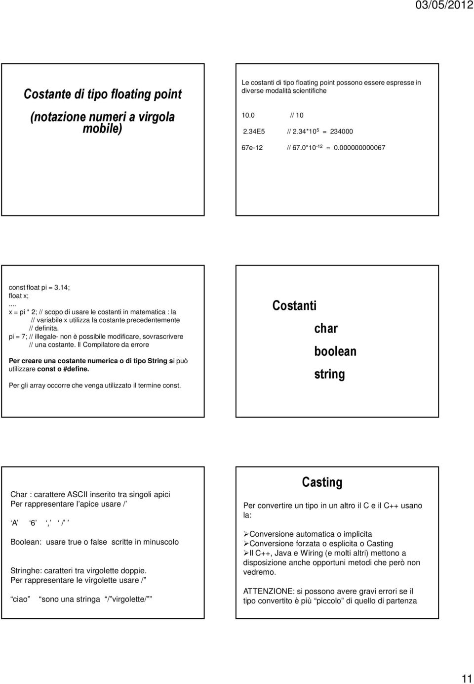 .. x = pi * 2; // scopo di usare le costanti in matematica : la // variabile x utilizza la costante precedentemente // definita.