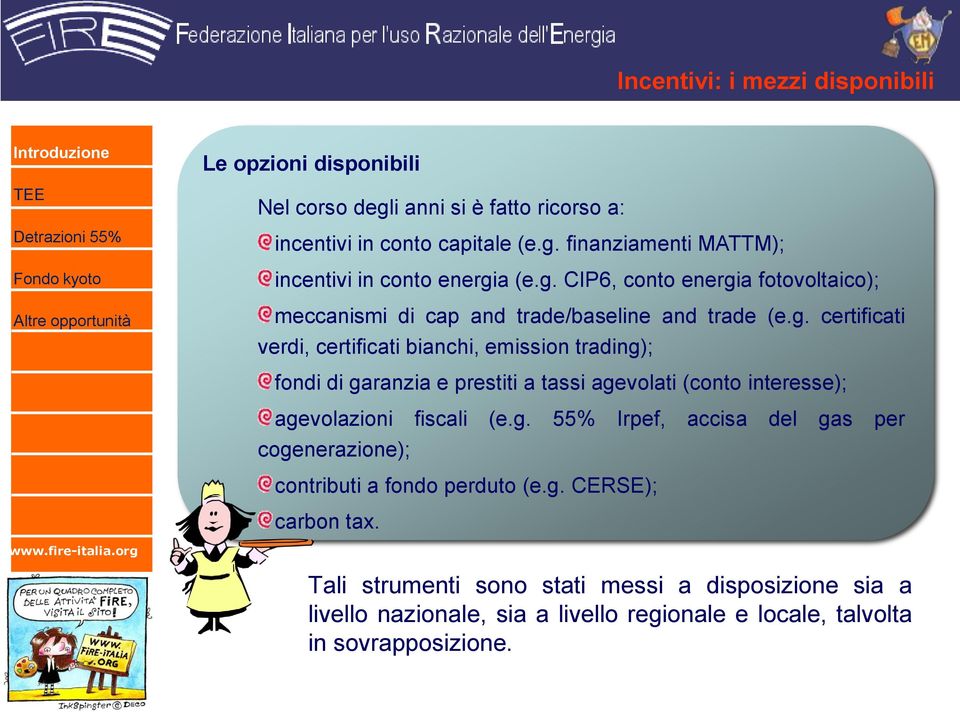 g. 55% Irpef, accisa del gas per cogenerazione); contributi a fondo perduto (e.g. CERSE); carbon tax.