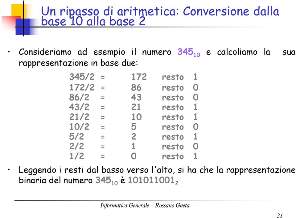 43/2 = 21 resto 1 21/2 = 10 resto 1 10/2 = 5 resto 0 5/2 = 2 resto 1 2/2 = 1 resto 0 1/2 = 0 resto 1