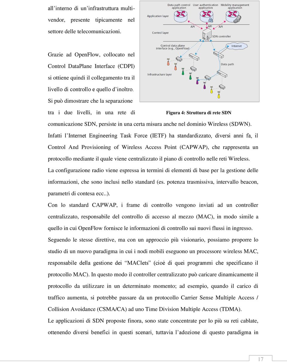 Si può dimostrare che la separazione tra i due livelli, in una rete di Figura 4: Struttura di rete SDN comunicazione SDN, persiste in una certa misura anche nel dominio Wireless (SDWN).