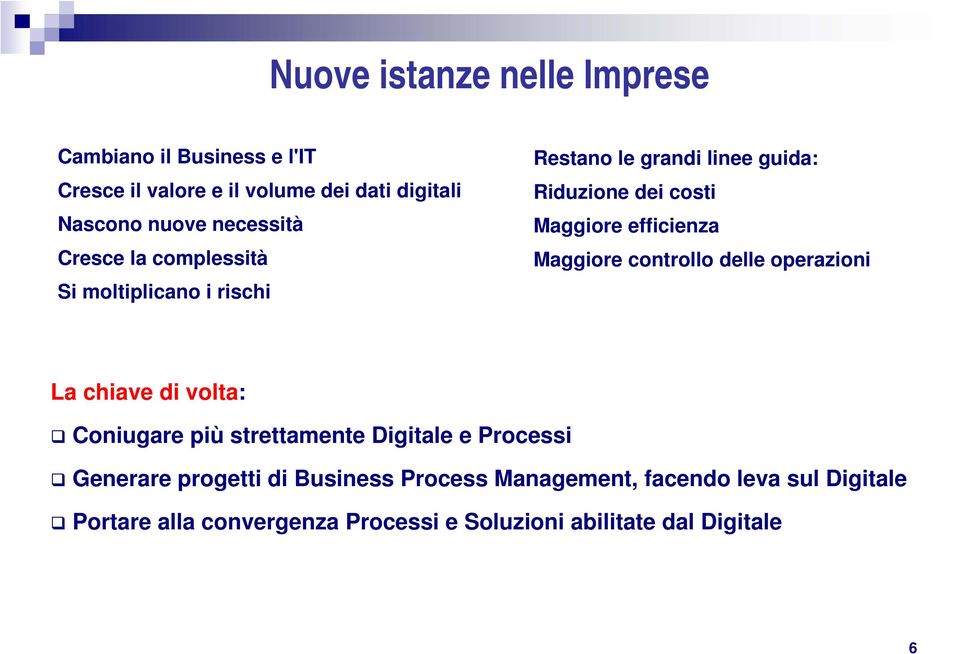 efficienza Maggiore controllo delle operazioni La chiave di volta: Coniugare più strettamente Digitale e Processi Generare