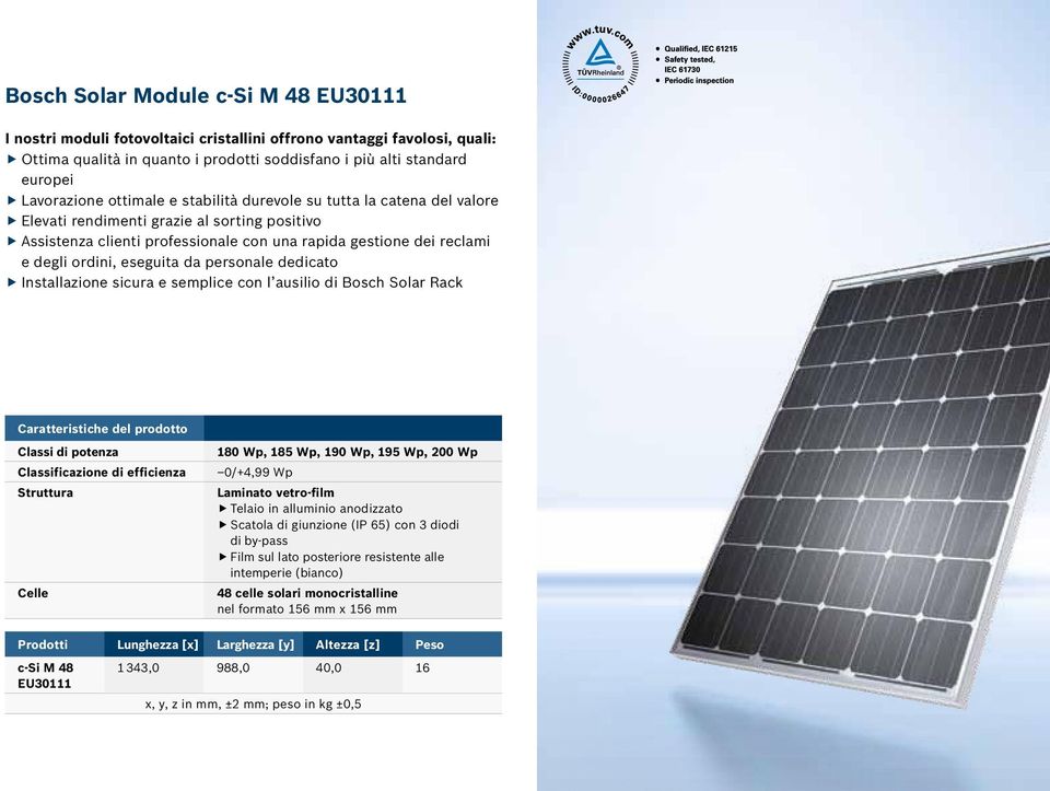 da personale dedicato Installazione sicura e semplice con l ausilio di Bosch Solar Rack Caratteristiche del prodotto Classi di potenza Classificazione di efficienza Struttura Celle 180 Wp, 185 Wp,