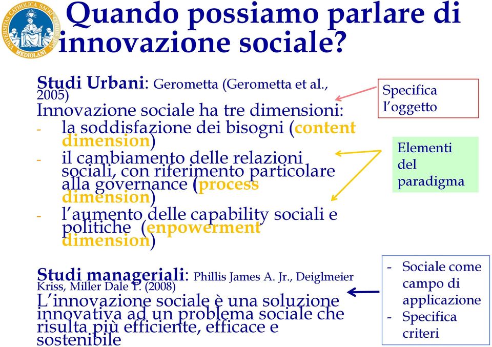 alla governance (process dimension) - l aumento delle capability sociali e politiche (enpowerment dimension) Studi manageriali: Phillis James A. Jr.