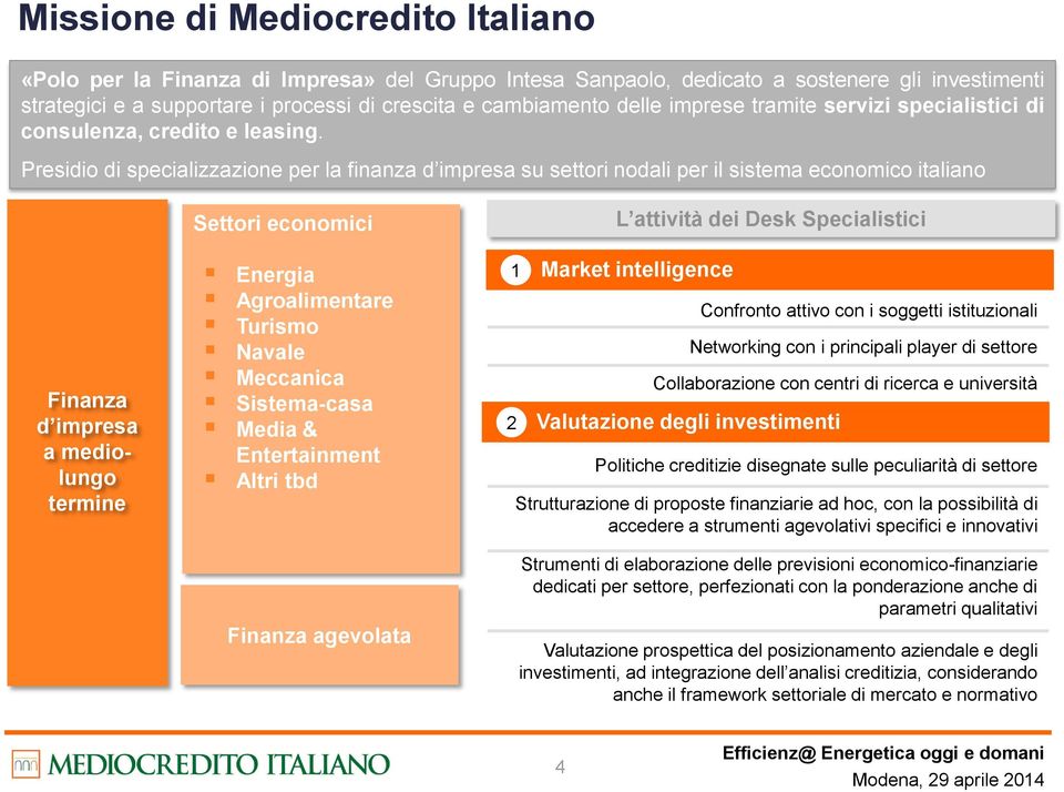 Presidio di specializzazione per la finanza d impresa su settori nodali per il sistema economico italiano Finanza d impresa a mediolungo termine Settori economici Energia Agroalimentare Turismo