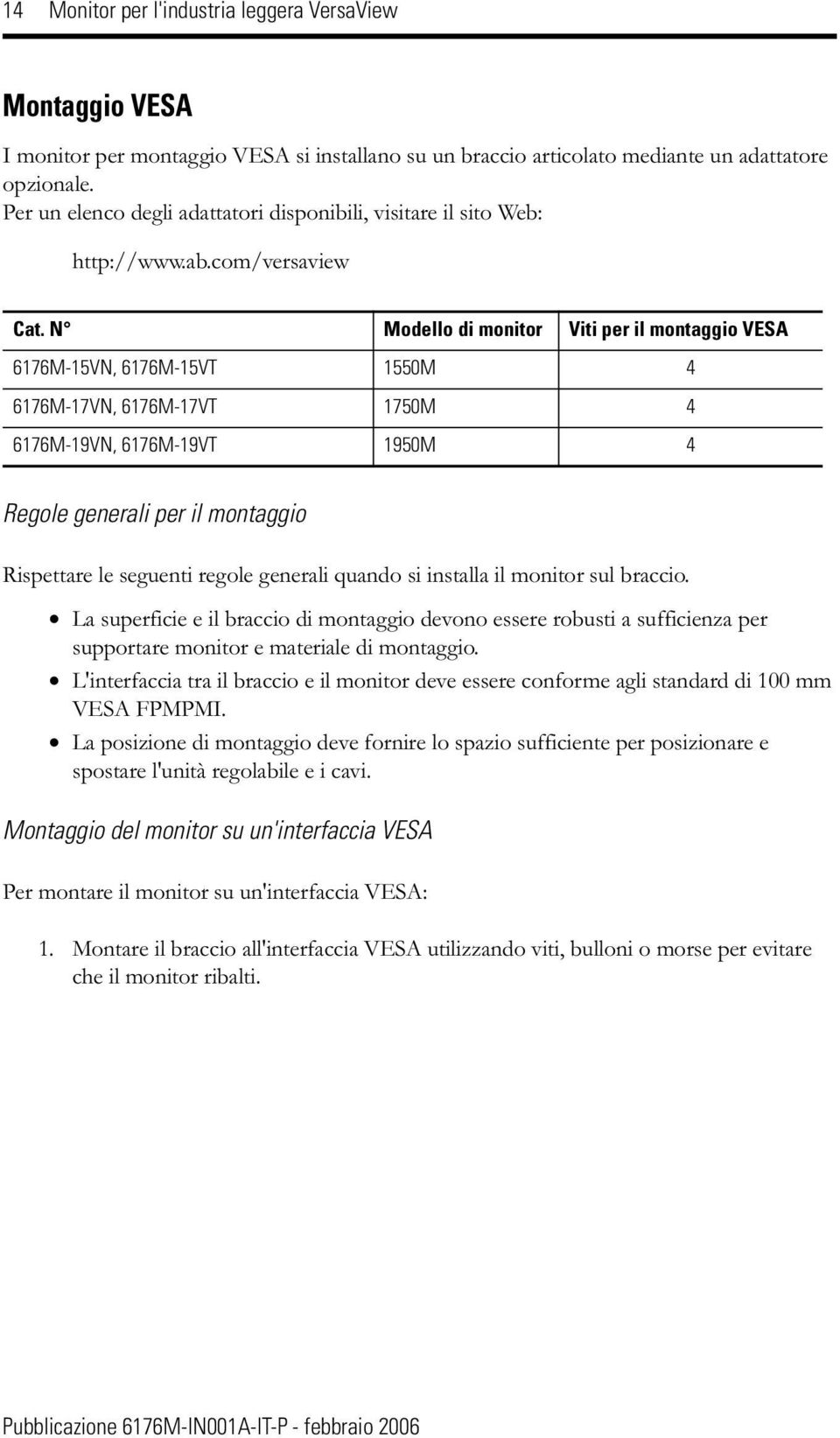 N Modello di monitor Viti per il montaggio VESA 6176M-15VN, 6176M-15VT 1550M 4 6176M-17VN, 6176M-17VT 1750M 4 6176M-19VN, 6176M-19VT 1950M 4 Regole generali per il montaggio Rispettare le seguenti