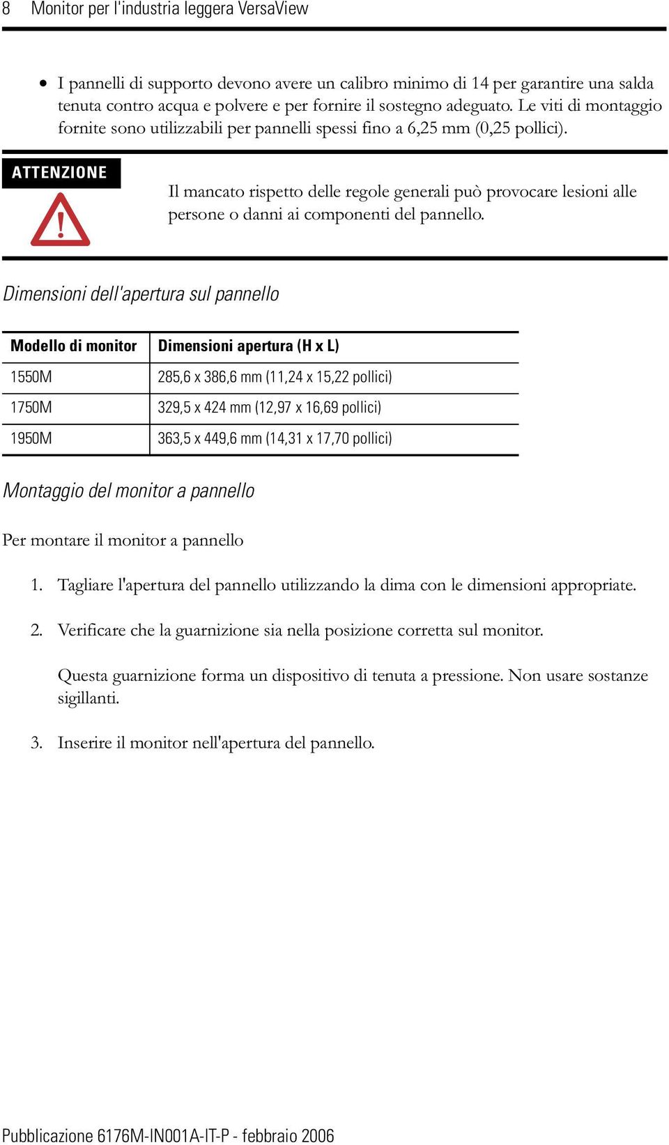 ATTENZIONE Il mancato rispetto delle regole generali può provocare lesioni alle persone o danni ai componenti del pannello.