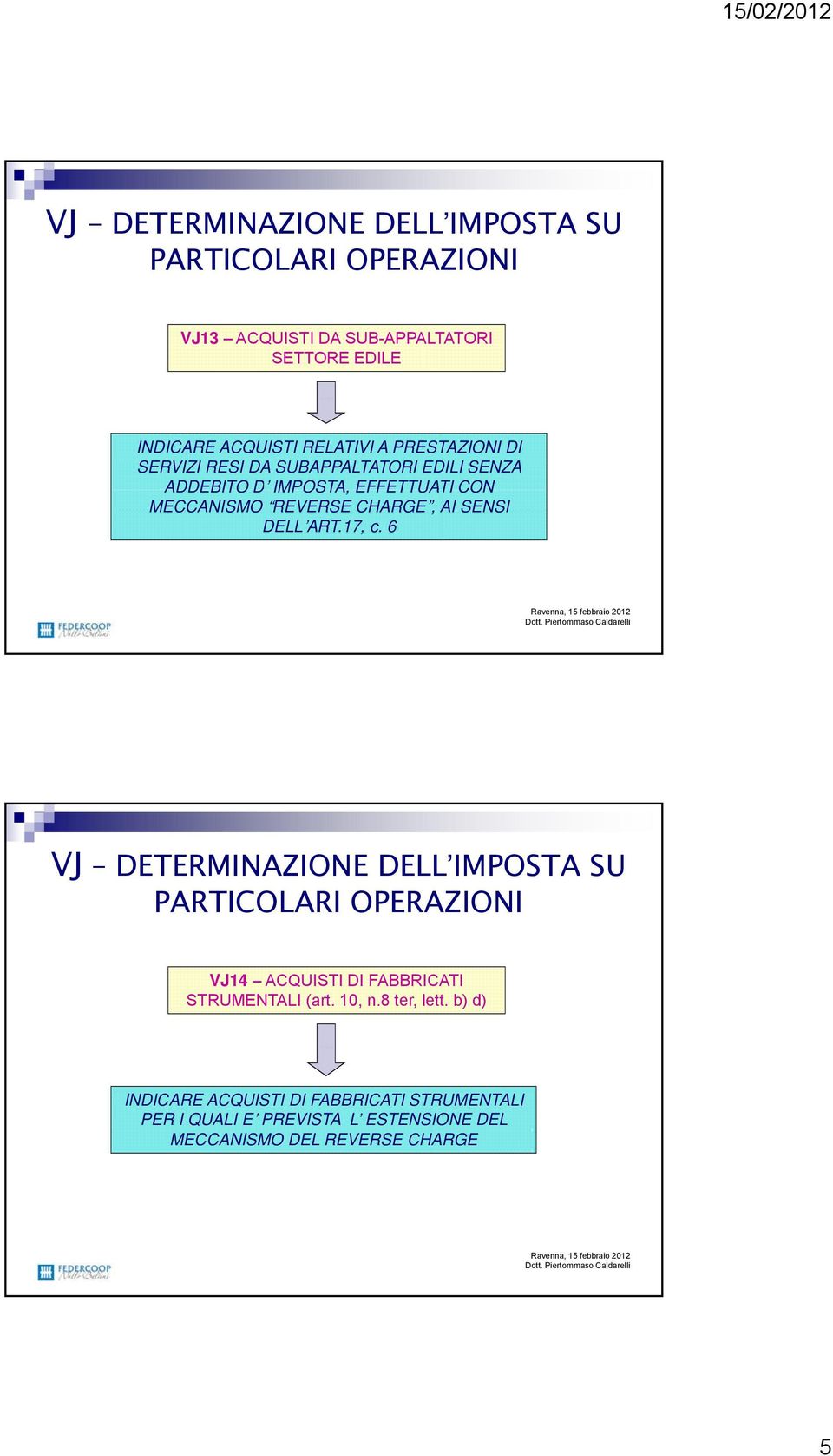 6 Dott. Piertommaso Caldarelli VJ DETERMINAZIONE DELL IMPOSTA SU PARTICOLARI OPERAZIONI VJ14 ACQUISTI DI FABBRICATI STRUMENTALI (art. 10, n.