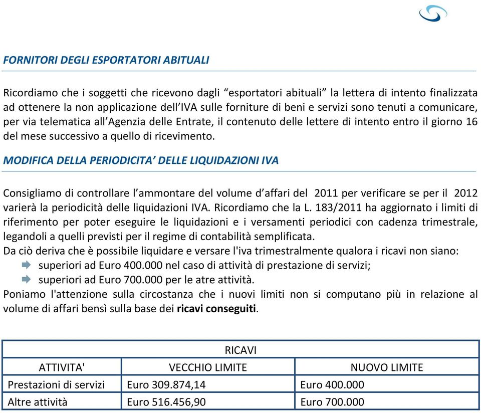 MODIFICA DELLA PERIODICITA DELLE LIQUIDAZIONI IVA Consigliamo di controllare l ammontare del volume d affari del 2011 per verificare se per il 2012 varierà la periodicità delle liquidazioni IVA.