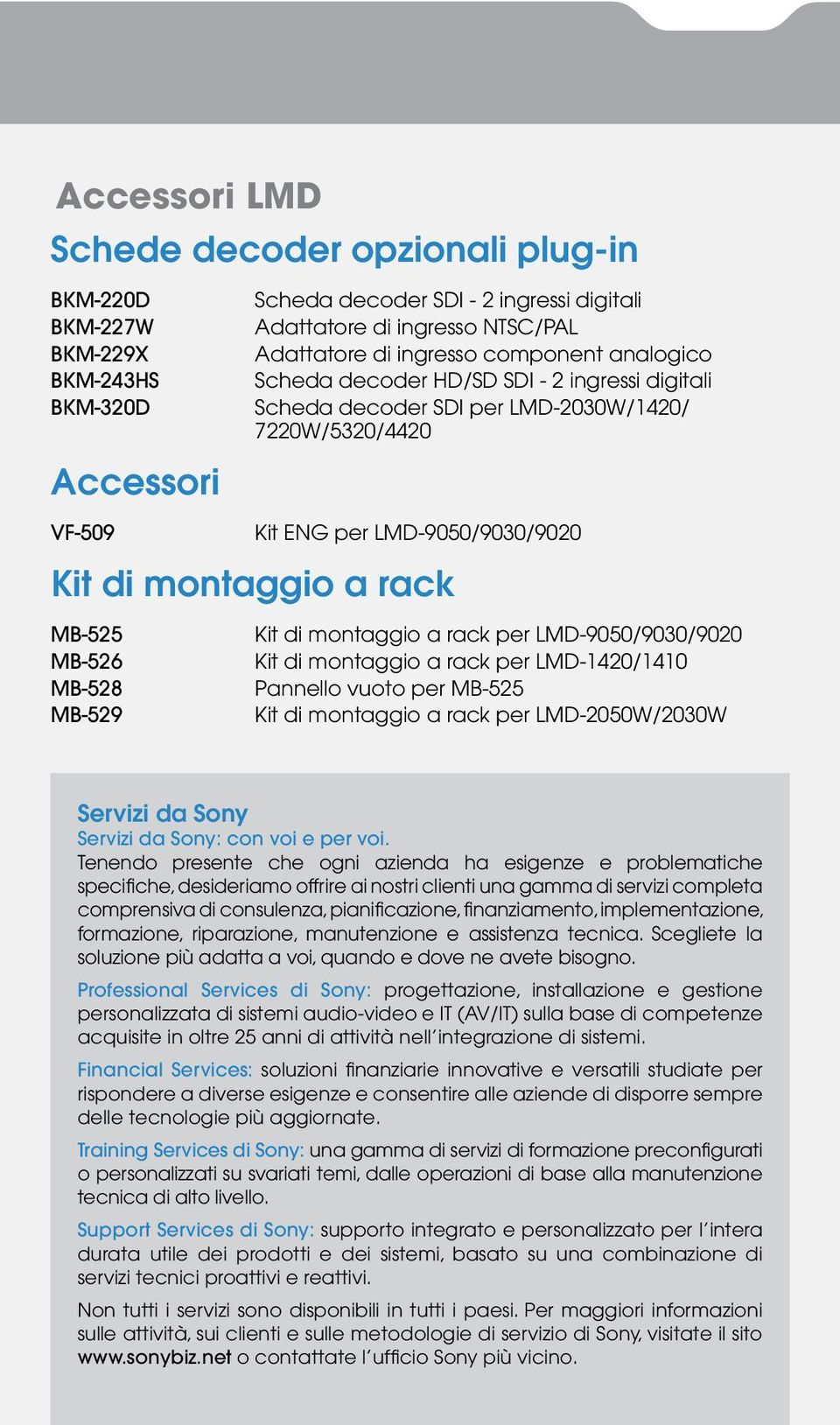 MB-528 MB-529 Kit di montaggio a rack per LMD-9050/9030/9020 Kit di montaggio a rack per LMD-1420/1410 Pannello vuoto per MB-525 Kit di montaggio a rack per LMD-2050W/2030W Servizi da Sony Servizi da