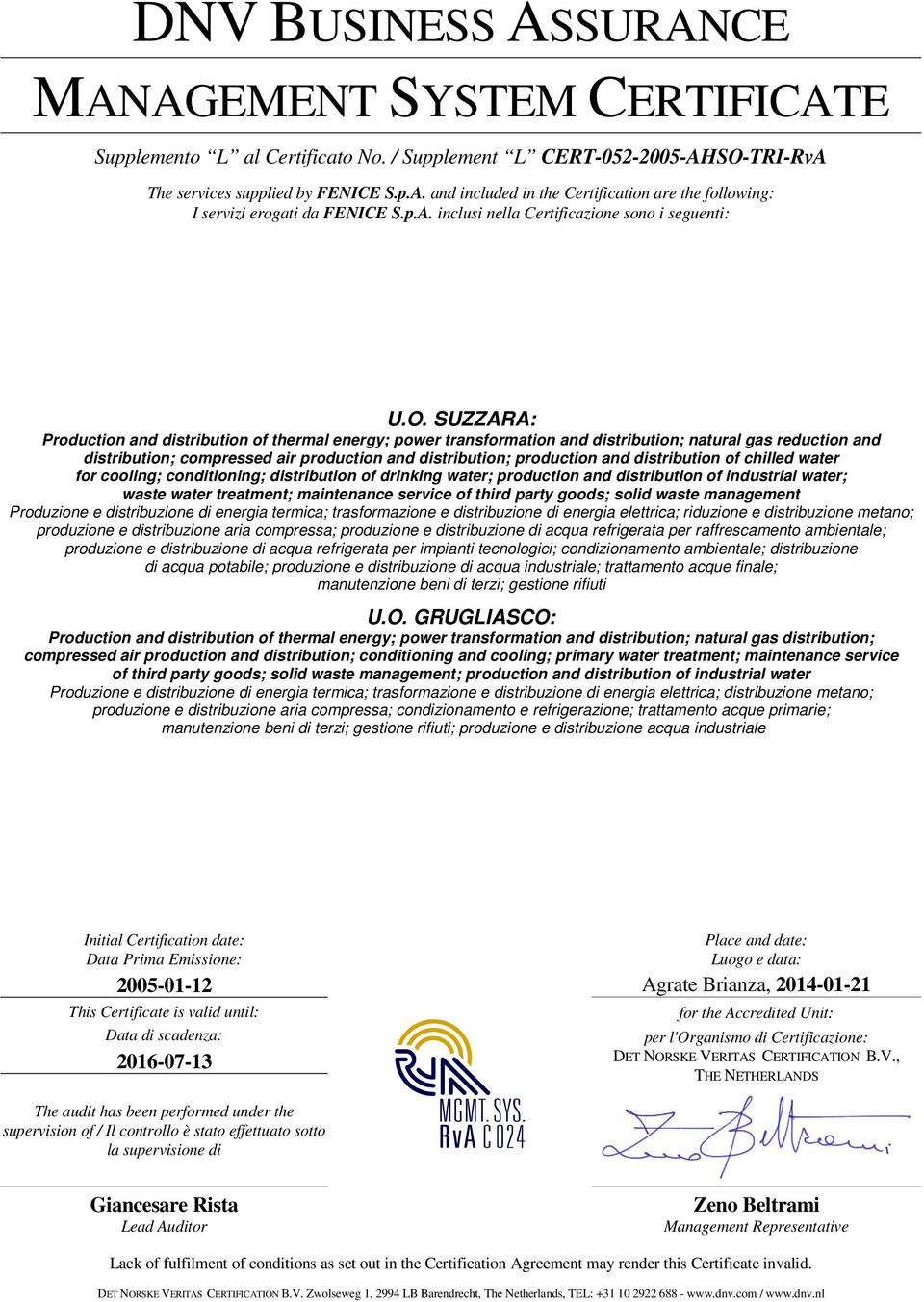 SUZZARA: Production and distribution of thermal energy; power transformation and distribution; natural gas reduction and distribution; compressed air production and distribution; production and