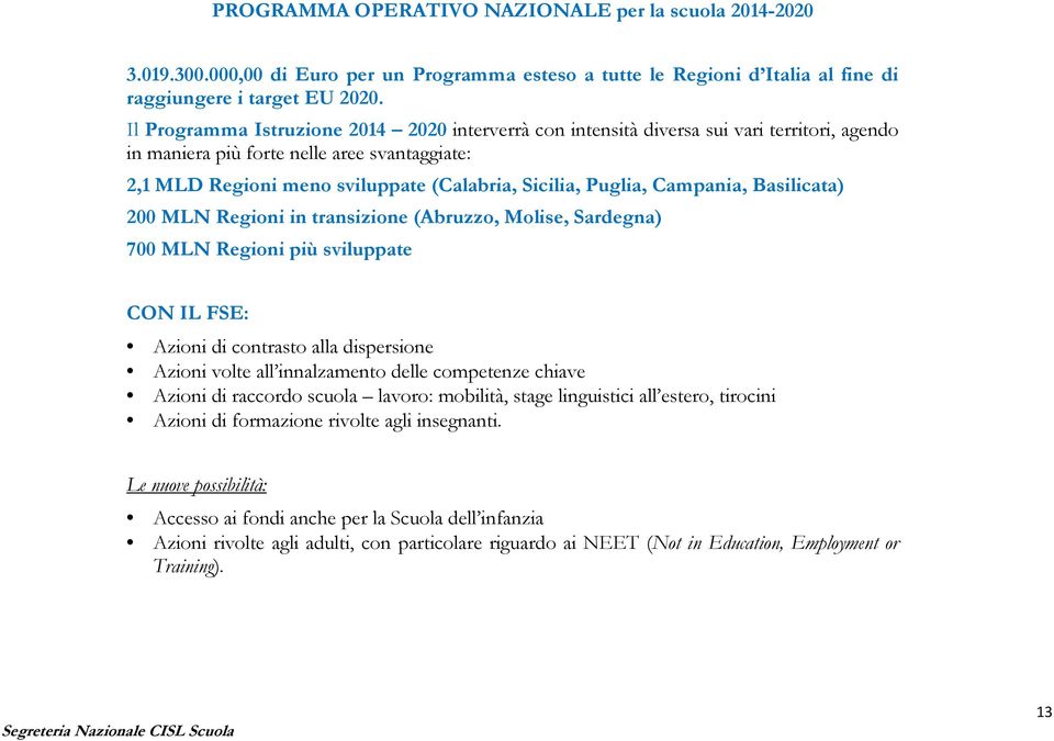 Campania, Basilicata) 200 MLN Regioni in transizione (Abruzzo, Molise, Sardegna) 700 MLN Regioni più sviluppate CON IL FSE: Azioni di contrasto alla dispersione Azioni volte all innalzamento delle