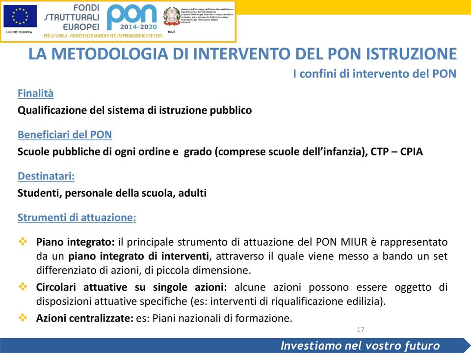 attuazione del PON MIUR è rappresentato da un piano integrato di interventi, attraverso il quale viene messo a bando un set differenziato di azioni, di piccola dimensione.