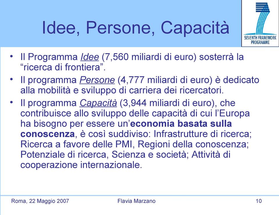 Il programma Capacità (3,944 miliardi di euro), che contribuisce allo sviluppo delle capacità di cui l Europa ha bisogno per essere un economia basata