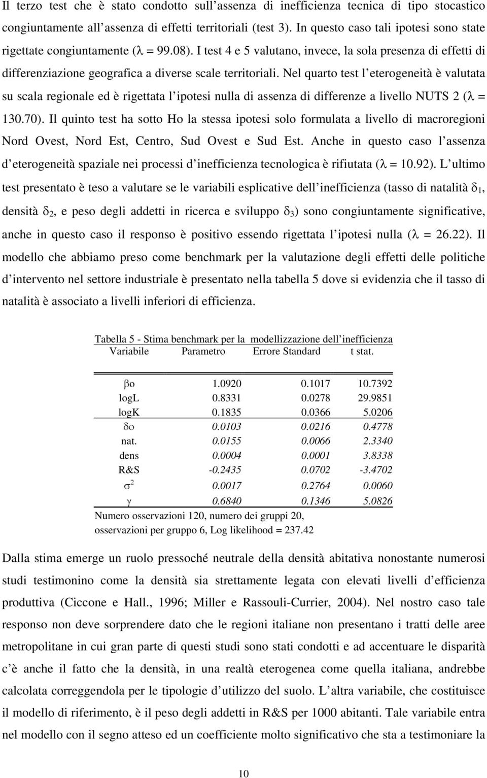 Nel quarto test l eterogeneà è valutata su scala regionale ed è rigettata l ipotesi nulla di assenza di differenze a livello NUTS 2 (λ = 130.70).