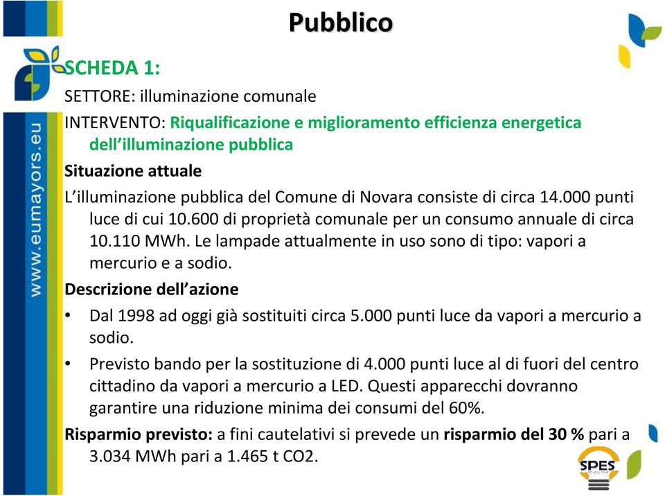 Le lampade attualmente in uso sono di tipo: vapori a mercurio e a sodio. Descrizione dell azione Dal 1998 ad oggi giàsostituiti circa 5.000 punti luce da vapori a mercurio a sodio.