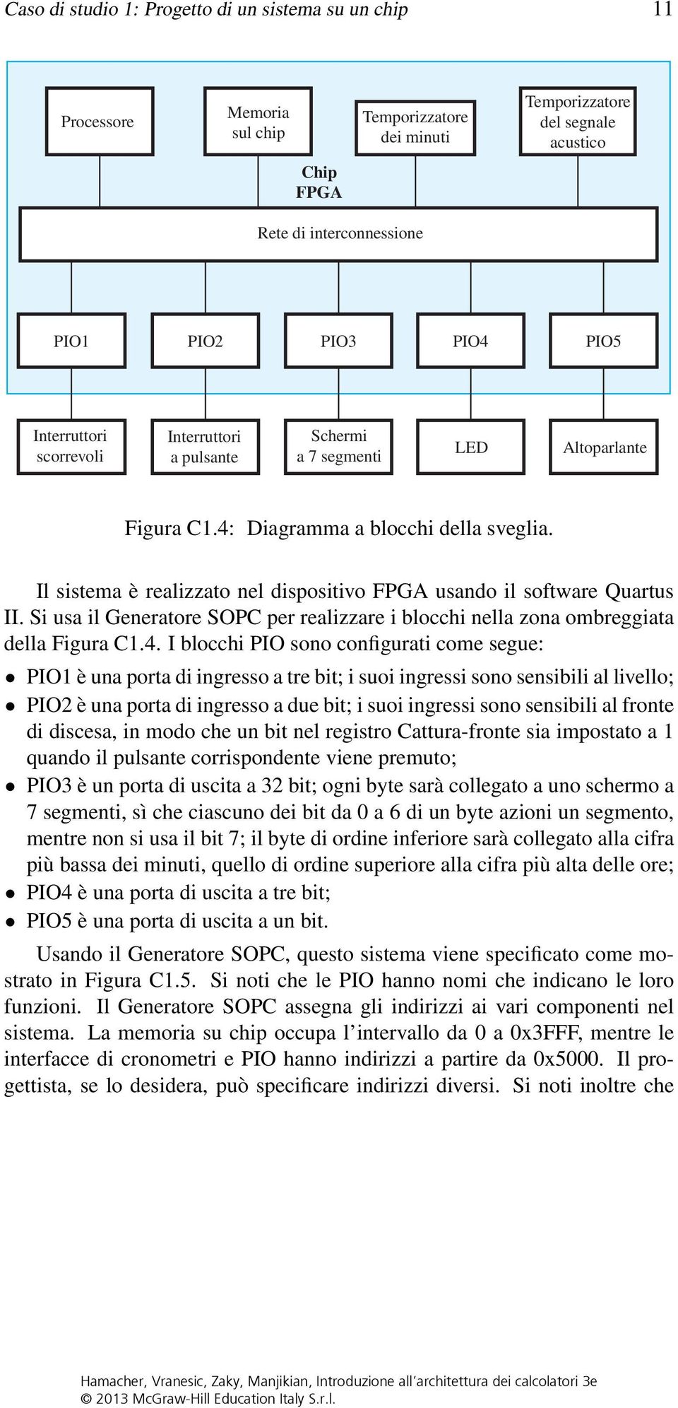 Il sistema è realizzato nel dispositivo FPGA usando il software Quartus II. Si usa il Generatore SOPC per realizzare i blocchi nella zona ombreggiata della Figura C1.4.