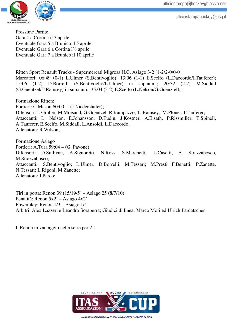 num.; 20:32 (2-2) M.Siddall (G.Guentzel/T.Ramsey) in sup.num.; 35:04 (3-2) E.Scelfo (L.Nelson/G.Guenztel); Formazione Ritten: Portieri: C.Mason 60:00 (J.Niederstatter); Difensori: I. Gruber, M.