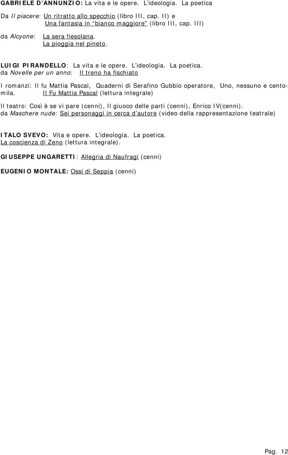 da Nvelle per un ann: Il tren ha fischiat I rmanzi: Il fu Mattia Pascal, Quaderni di Serafin Gubbi peratre, Un, nessun e centmila.