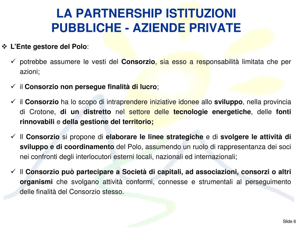 rinnovabili e della gestione del territorio; Il Consorzio si propone di elaborare le linee strategiche e di svolgere le attività di sviluppo e di coordinamento del Polo, assumendo un ruolo di