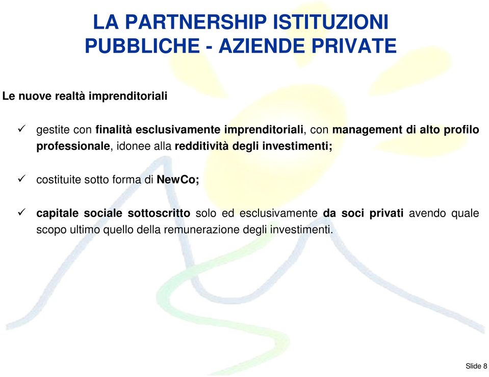 redditività degli investimenti; costituite sotto forma di NewCo; capitale sociale sottoscritto solo ed