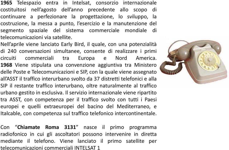 Nell aprile viene lanciato Early Bird, il quale, con una potenzialità di 240 conversazioni simultanee, consente di realizzare i primi circuiti commerciali tra Europa e Nord America.