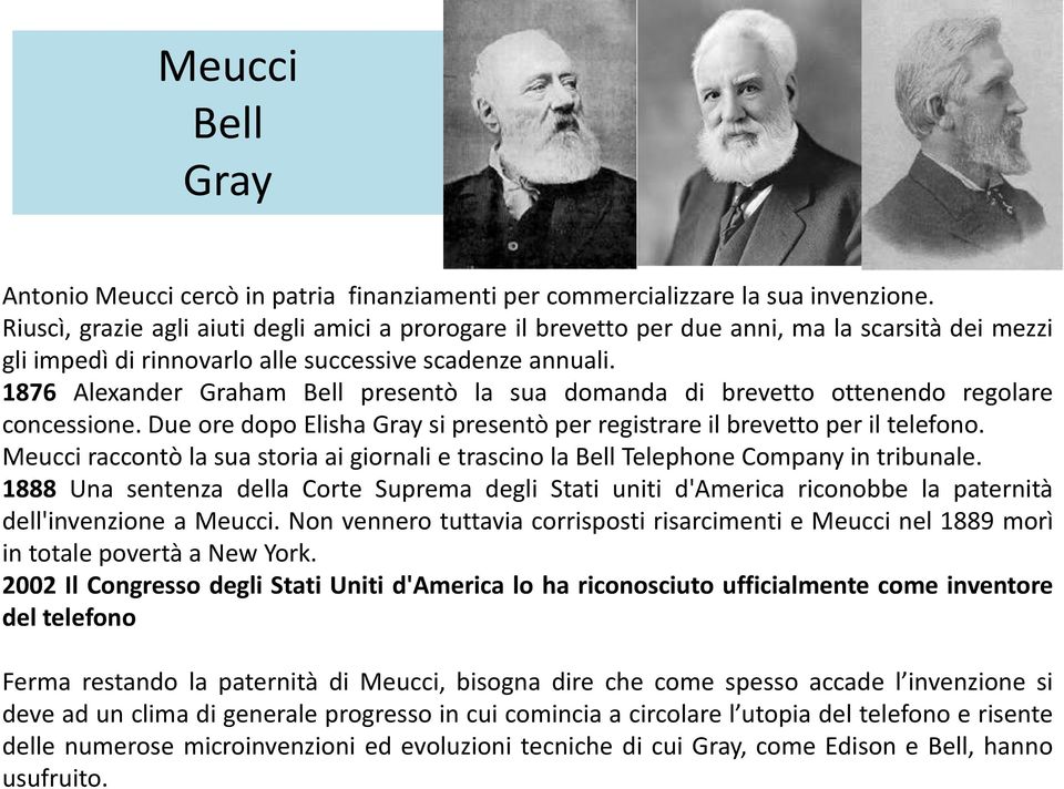 1876 Alexander Graham Bell presentò la sua domanda di brevetto ottenendo regolare concessione. Due ore dopo Elisha Gray si presentò per registrare il brevetto per il telefono.