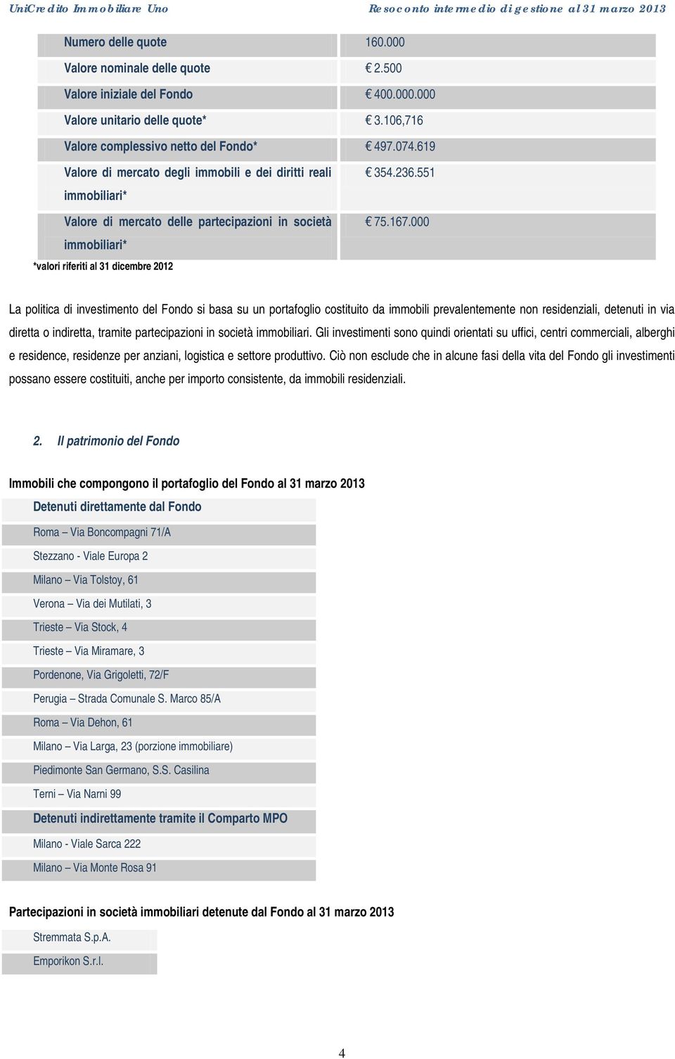 000 La politica di investimento del Fondo si basa su un portafoglio costituito da immobili prevalentemente non residenziali, detenuti in via diretta o indiretta, tramite partecipazioni in società