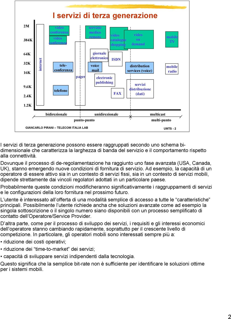 2k bidirezionale unidirezionale multicast punto-punto multi-punto GIANCARLO PIRANI TELECOM ITALIA LAB UMTS - 2 I servizi di terza generazione possono essere raggruppati secondo uno schema