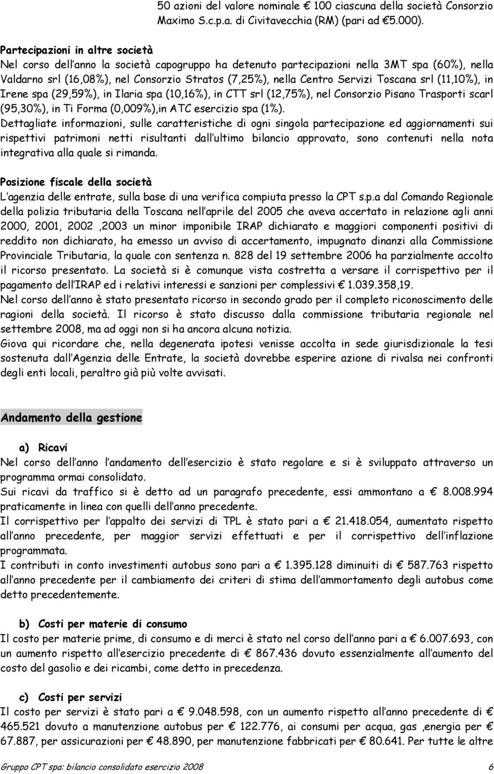 Servizi Toscana srl (11,10%), in Irene spa (29,59%), in Ilaria spa (10,16%), in CTT srl (12,75%), nel Consorzio Pisano Trasporti scarl (95,30%), in Ti Forma (0,009%),in ATC esercizio spa (1%).