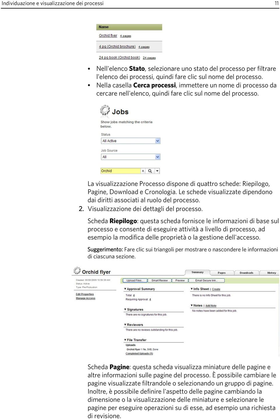 La visualizzazione Processo dispone di quattro schede: Riepilogo, Pagine, Download e Cronologia. Le schede visualizzate dipendono dai diritti associati al ruolo del processo. 2.