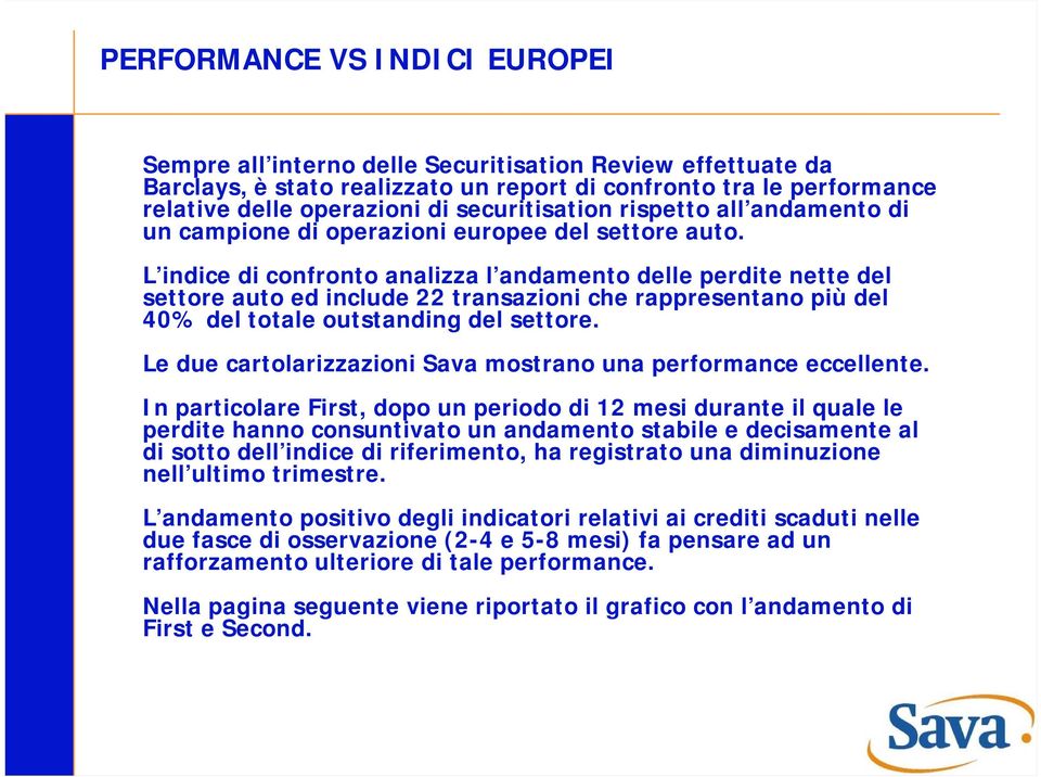 L indice di confronto analizza l andamento delle perdite nette del settore auto ed include 22 transazioni che rappresentano più del 40% del totale outstanding del settore.