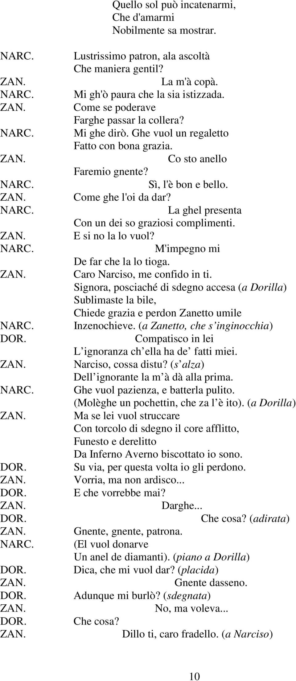 La ghel presenta Con un dei so graziosi complimenti. E si no la lo vuol? M'impegno mi De far che la lo tioga. Caro Narciso, me confido in ti.