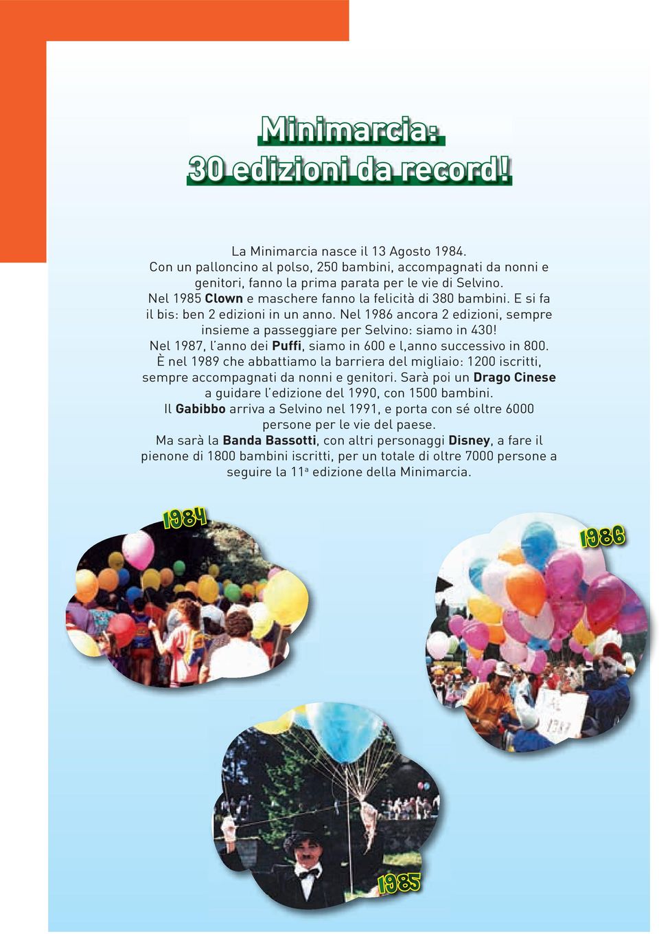 Nel 1987, l anno dei Puffi, siamo in 600 e l,anno successivo in 800. È nel 1989 che abbattiamo la barriera del migliaio: 1200 iscritti, sempre accompagnati da nonni e genitori.