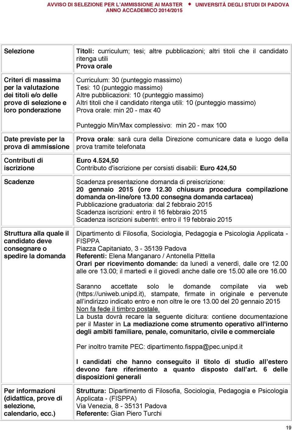 orale: min 20 - max 40 Punteggio Min/Max complessivo: min 20 - max 100 Date previste per la prova di ammissione Contributi di iscrizione Scadenze Struttura alla quale il candidato deve consegnare o