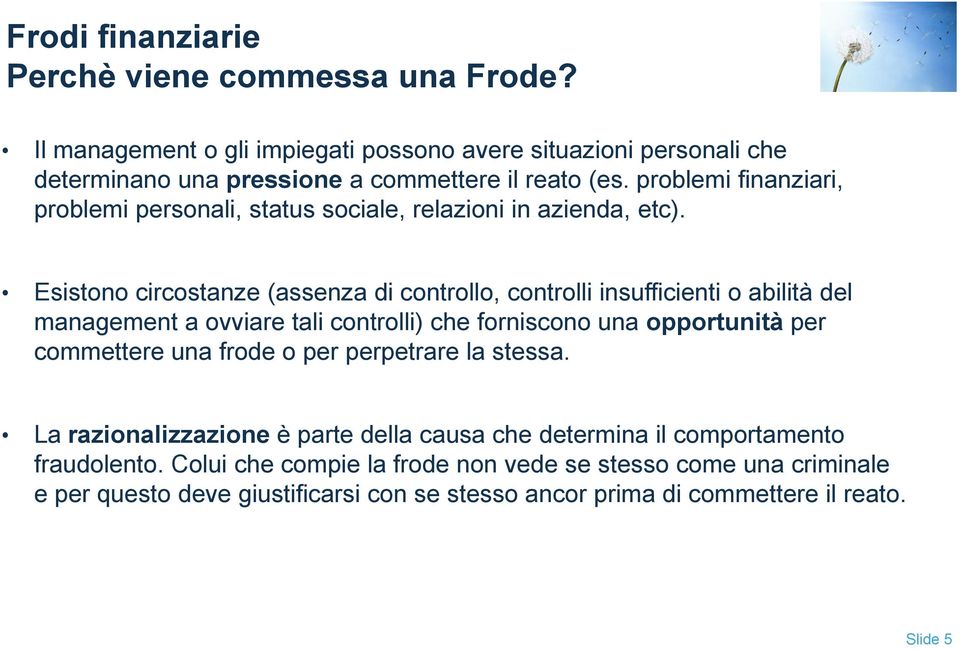 Esistono circostanze (assenza di controllo, controlli insufficienti o abilità del management a ovviare tali controlli) che forniscono una opportunità per commettere una frode