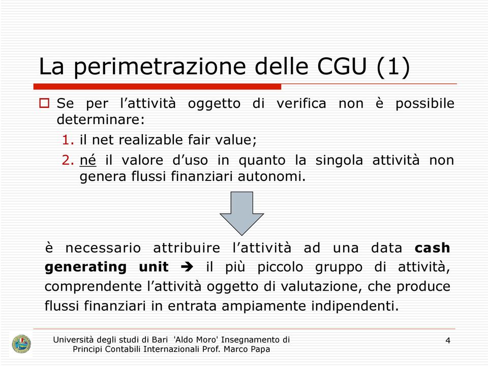 né il valore d uso in quanto la singola attività non genera flussi finanziari autonomi.