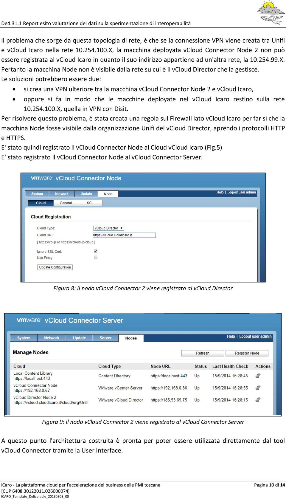 Le soluzioni potrebbero essere due: si crea una VPN ulteriore tra la macchina vcloud Connector Node 2 e vcloud Icaro, oppure si fa in modo che le macchine deployate nel vcloud Icaro restino sulla