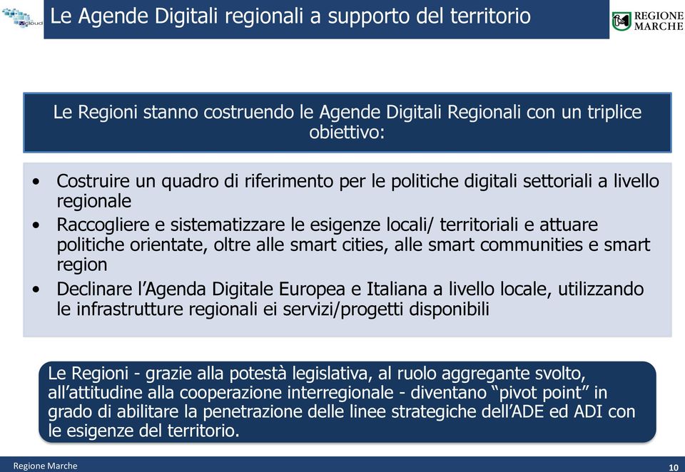 Declinare l Agenda Digitale Europea e Italiana a livello locale, utilizzando le infrastrutture regionali ei servizi/progetti disponibili Le Regioni - grazie alla potestà legislativa, al ruolo