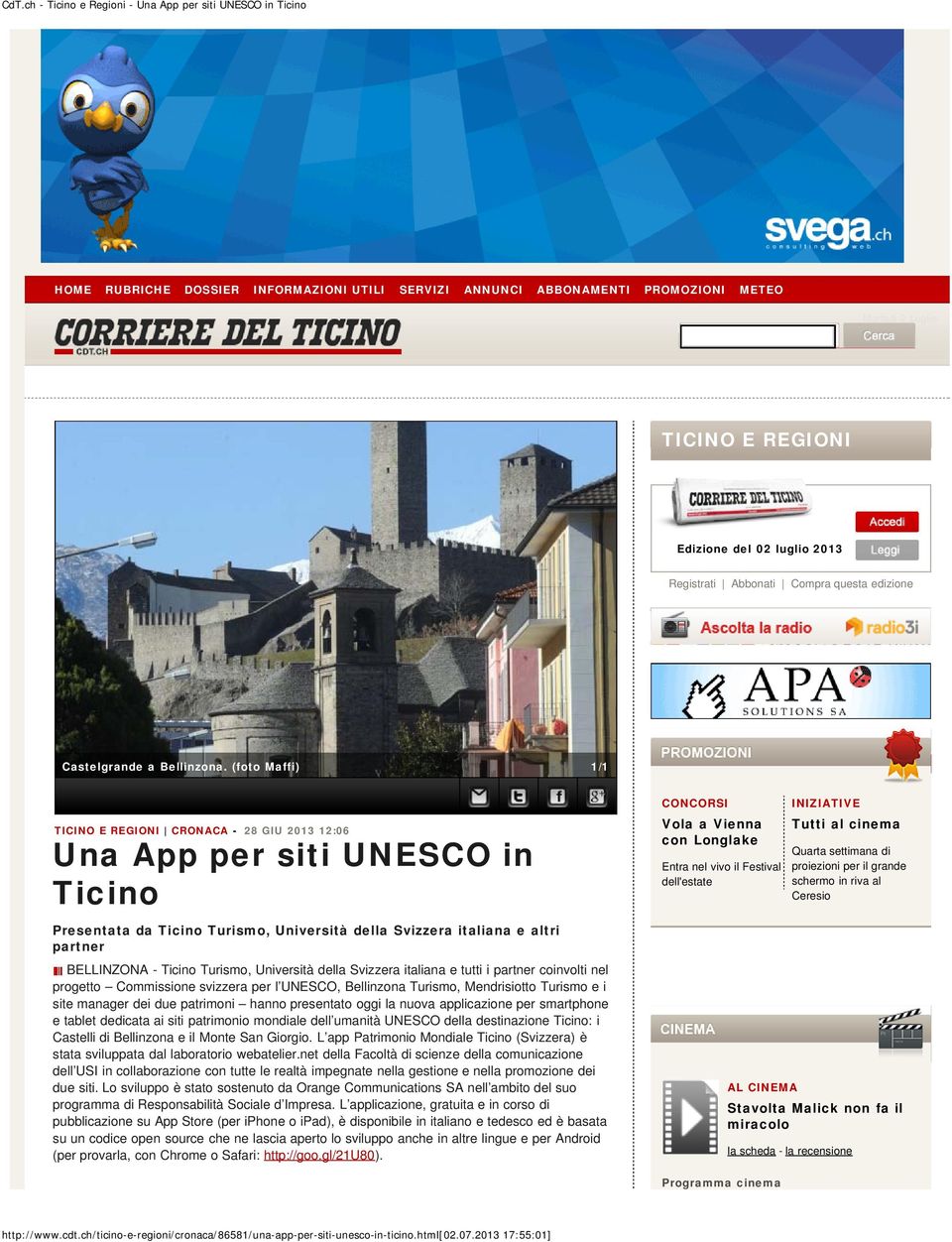(foto Maffi) 1/1 TICINO E REGIONI CRONACA - 28 GIU 2013 12:06 Una App per siti UNESCO in Presentata da Turismo, Università della Svizzera italiana e altri partner BELLINZONA - Turismo, Università