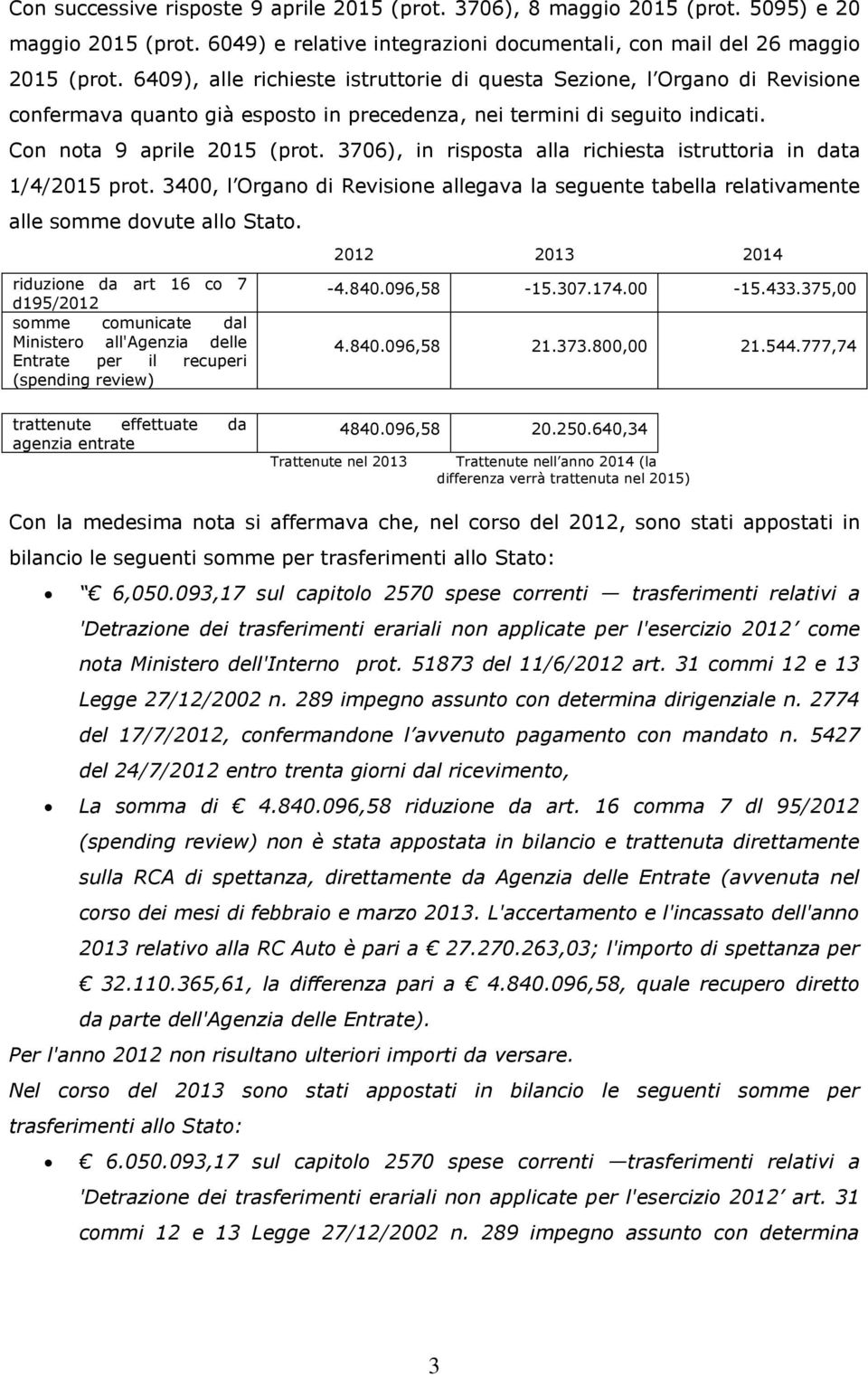 3706), in risposta alla richiesta istruttoria in data 1/4/2015 prot. 3400, l Organo di Revisione allegava la seguente tabella relativamente alle somme dovute allo Stato.