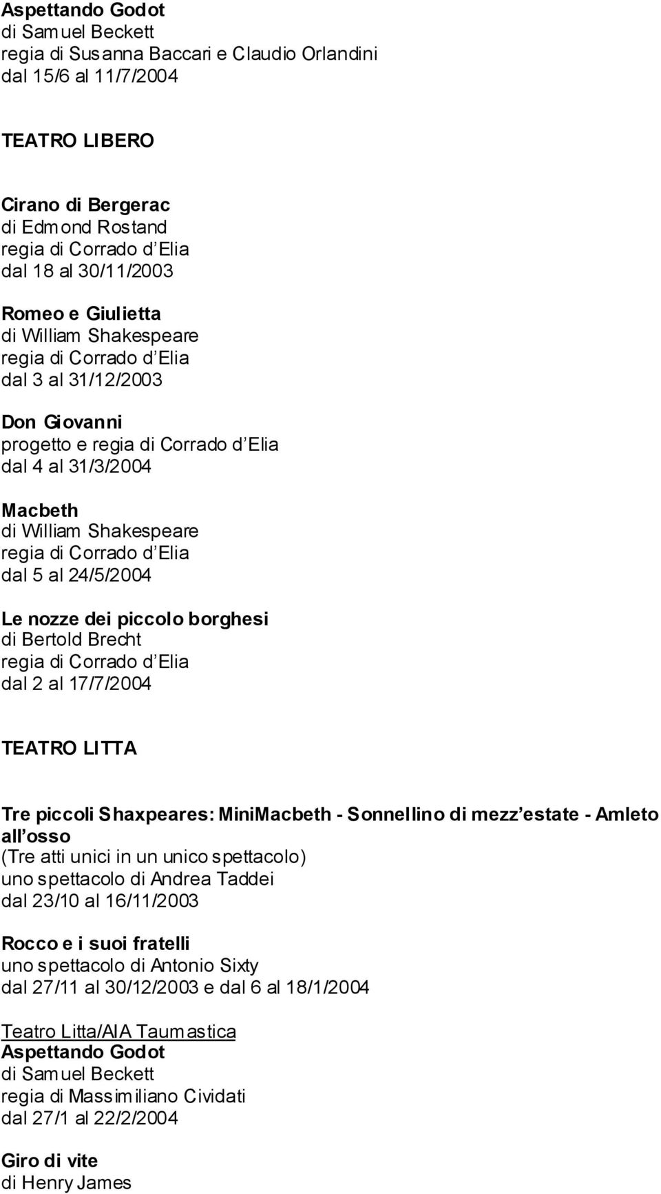 d Elia dal 5 al 24/5/2004 Le nozze dei piccolo borghesi di Bertold Brecht regia di Corrado d Elia dal 2 al 17/7/2004 TEATRO LITTA Tre piccoli Shaxpeares: MiniMacbeth - Sonnellino di mezz estate -